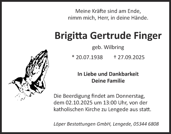 Traueranzeige von Brigitta Gertrude Finger von Peiner Nachrichten