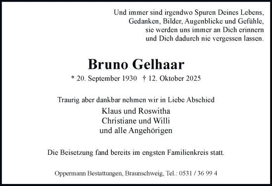 Traueranzeige von Bruno Gelhaar von Braunschweiger Zeitung