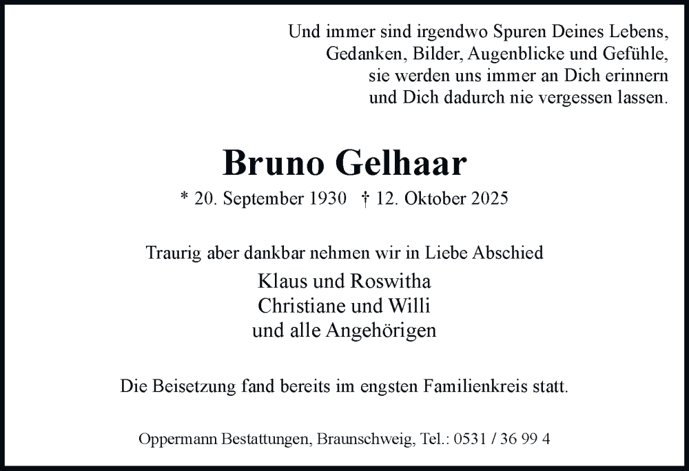  Traueranzeige für Bruno Gelhaar vom 18.10.2025 aus Braunschweiger Zeitung