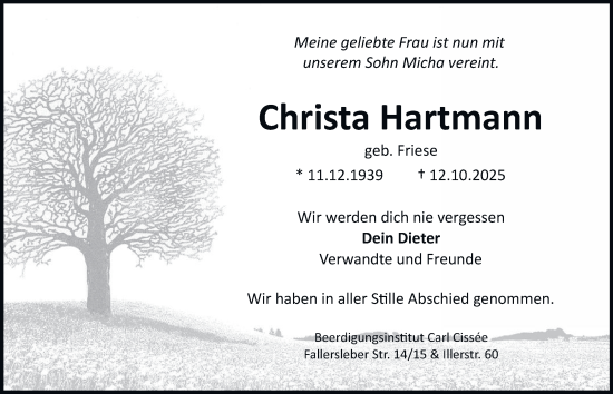 Traueranzeige von Christa Hartmann von Braunschweiger Zeitung