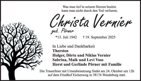 Traueranzeige von Christa Vernier von Braunschweiger Zeitung