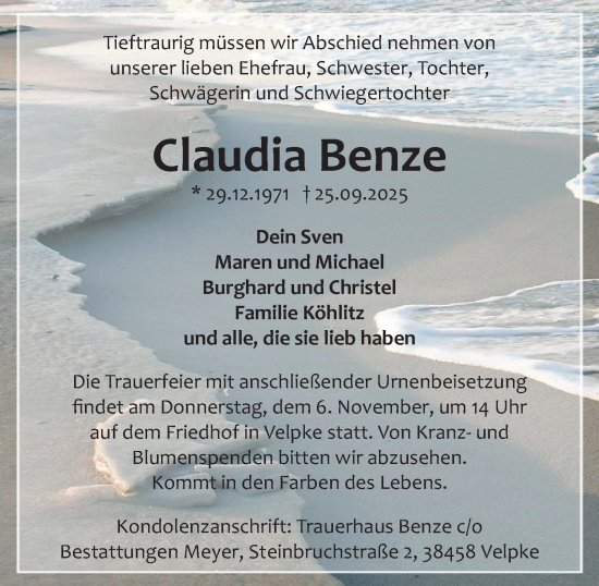 Traueranzeige von Claudia Benze von Braunschweiger Zeitung, Wolfsburger Nachrichten