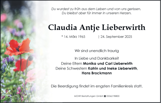 Traueranzeige von Claudia Antje Lieberwirth von Braunschweiger Zeitung, Wolfsburger Nachrichten