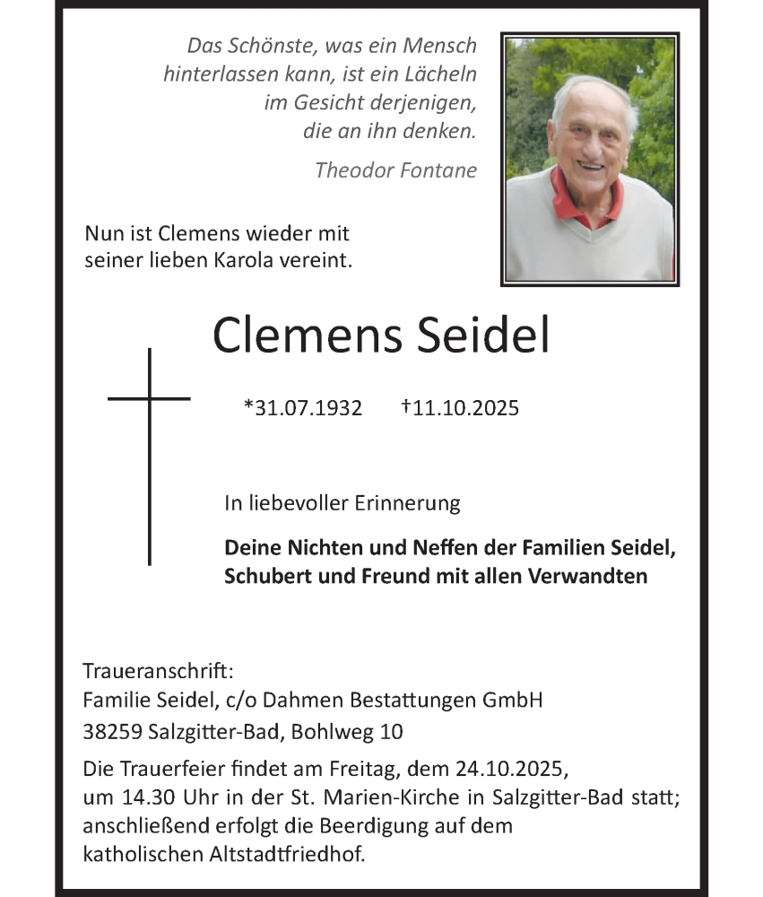  Traueranzeige für Clemens Seidel vom 18.10.2025 aus Salzgitter-Zeitung