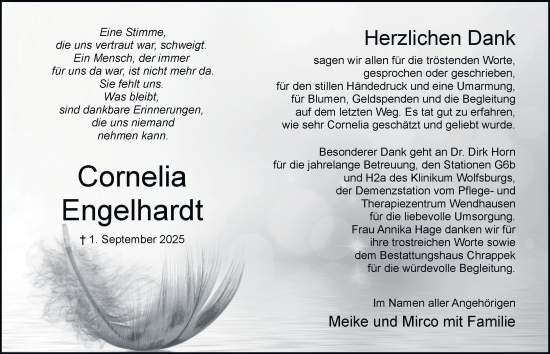 Traueranzeige von Cornelia Engelhardt von Braunschweiger Zeitung, Wolfsburger Nachrichten