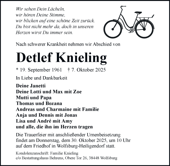 Traueranzeige von Detlef Knieling von Braunschweiger Zeitung, Wolfsburger Nachrichten