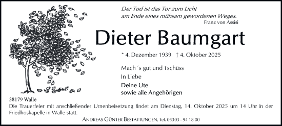 Traueranzeige von Dieter Baumgart von Braunschweiger Zeitung