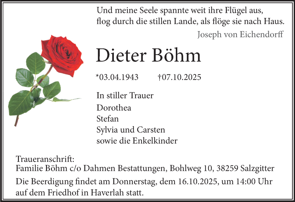  Traueranzeige für Dieter Böhm vom 11.10.2025 aus Salzgitter-Zeitung