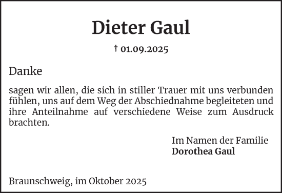 Traueranzeige von Dieter Gaul von Braunschweiger Zeitung