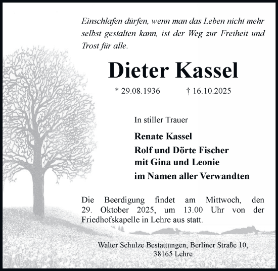 Traueranzeige von Dieter Kassel von Helmstedter Nachrichten
