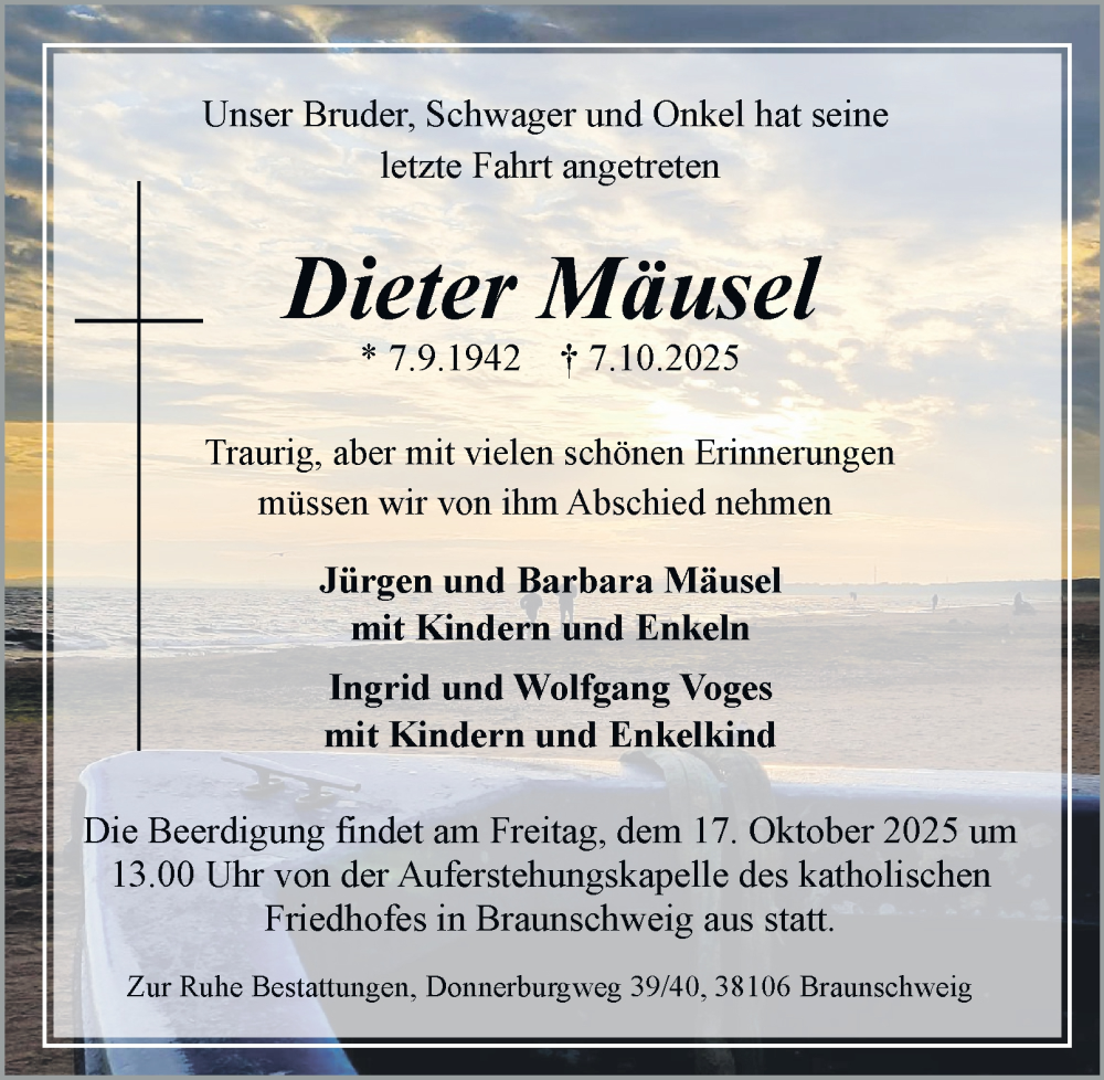  Traueranzeige für Dieter Mäusel vom 11.10.2025 aus Braunschweiger Zeitung