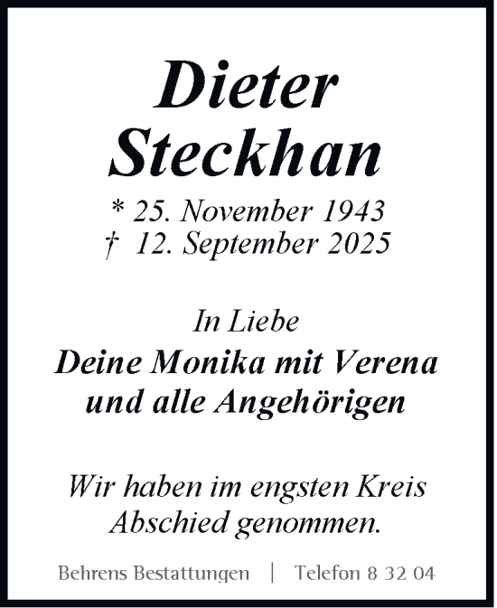 Traueranzeige von Dieter Steckhan von Braunschweiger Zeitung