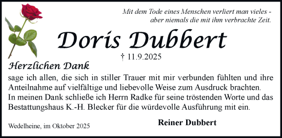 Traueranzeige von Doris Dubbert von Braunschweiger Zeitung, Wolfsburger Nachrichten