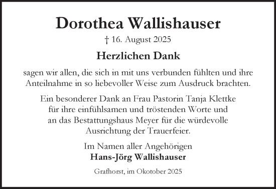 Traueranzeige von Dorothea Wallishauser von Braunschweiger Zeitung, Wolfsburger Nachrichten