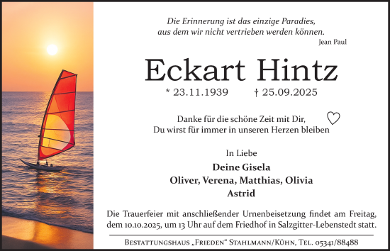 Traueranzeige von Eckart Hintz von Salzgitter-Zeitung