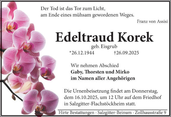 Traueranzeige von Edeltraud Korek von Peiner Nachrichten