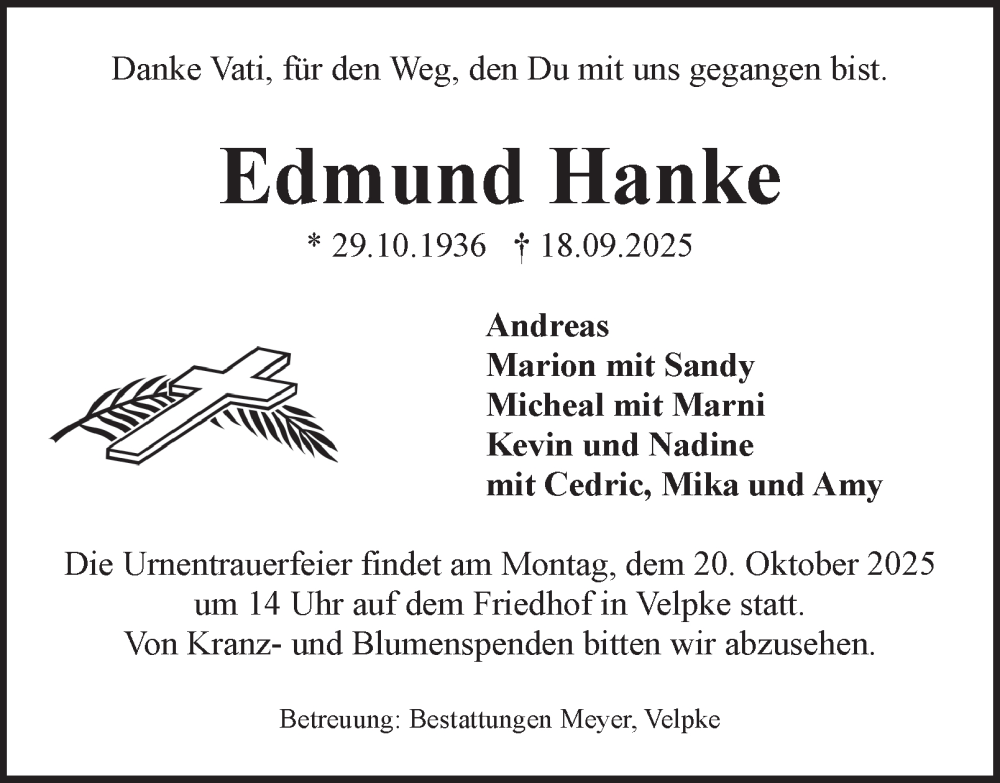  Traueranzeige für Edmund Hanke vom 11.10.2025 aus Braunschweiger Zeitung, Wolfsburger Nachrichten