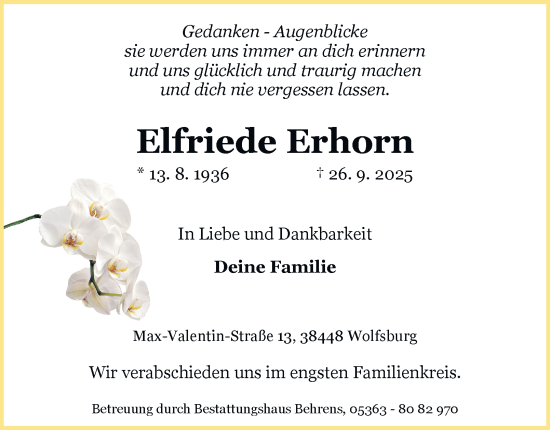 Traueranzeige von Elfriede Erhorn von Braunschweiger Zeitung, Wolfsburger Nachrichten