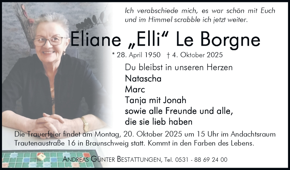 Traueranzeige für Eliane Le Borgne vom 11.10.2025 aus Neue Braunschweiger am Samstag