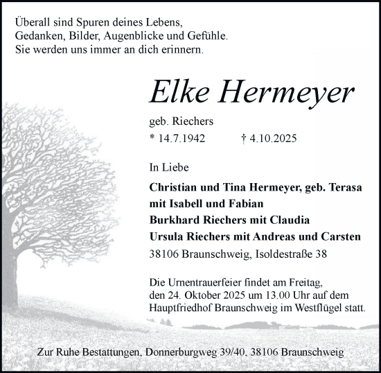 Traueranzeige von Elke Hermeyer von Braunschweiger Zeitung