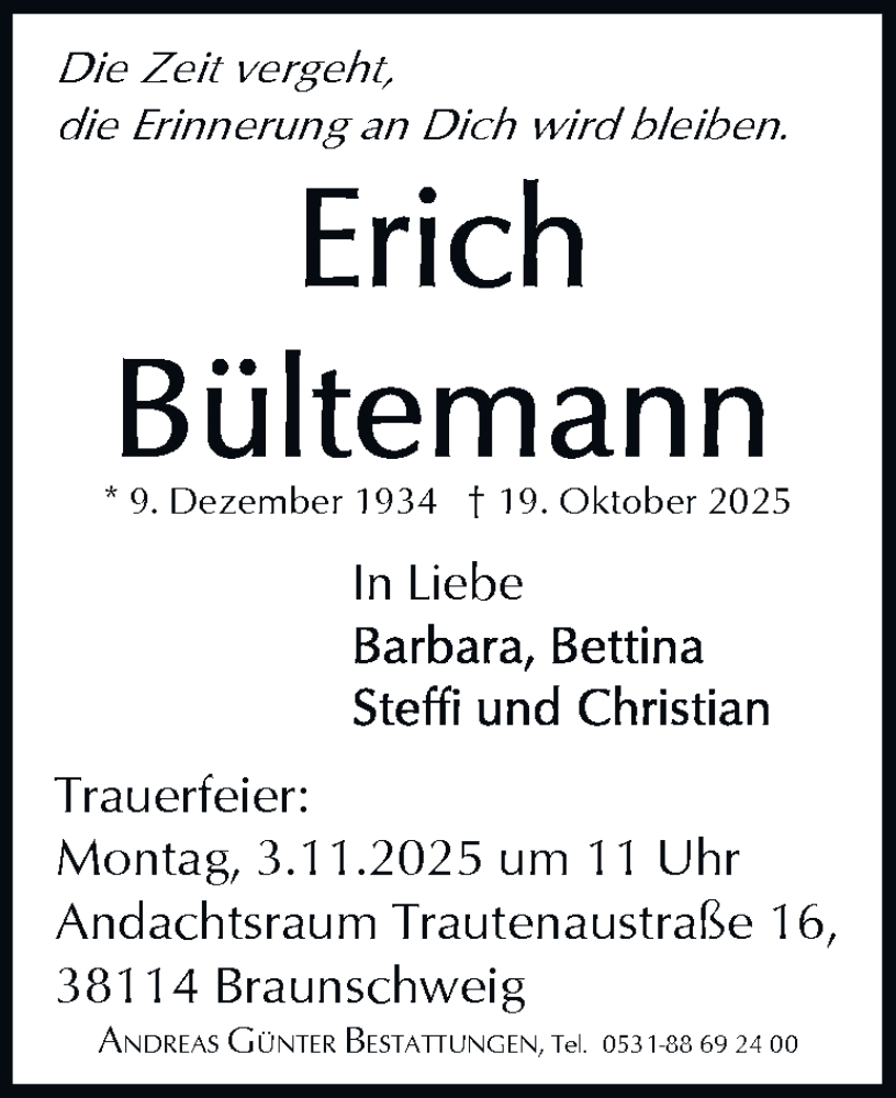  Traueranzeige für Erich Bültemann vom 25.10.2025 aus Braunschweiger Zeitung