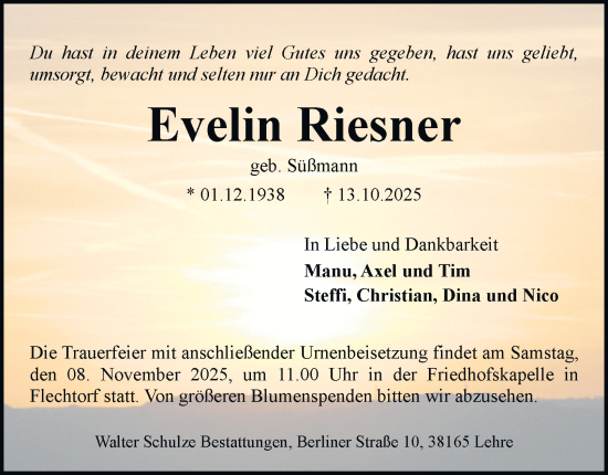 Traueranzeige von Evelin Riesner von Helmstedter Nachrichten