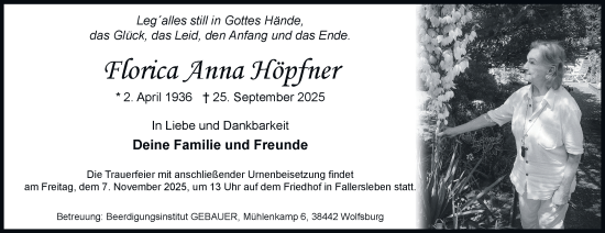 Traueranzeige von Florica Anna Höpfner von Braunschweiger Zeitung, Wolfsburger Nachrichten