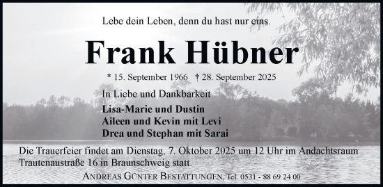 Traueranzeige von Frank Hübner von Braunschweiger Zeitung