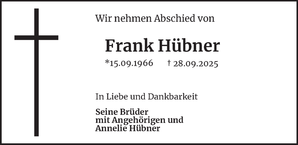  Traueranzeige für Frank Hübner vom 04.10.2025 aus Salzgitter-Zeitung