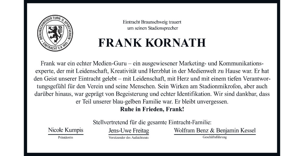  Traueranzeige für Frank Kornath vom 18.10.2025 aus Braunschweiger Zeitung