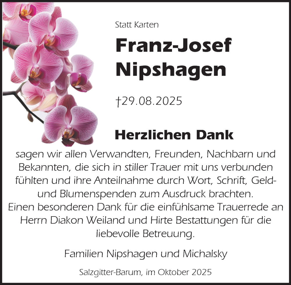  Traueranzeige für Franz-Josef Nipshagen vom 25.10.2025 aus Salzgitter-Zeitung, Wolfenbütteler Zeitung