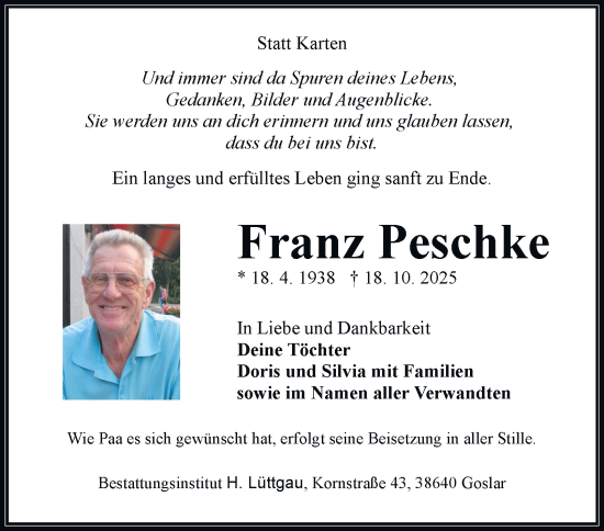 Traueranzeige von Franz Peschke von Salzgitter-Zeitung
