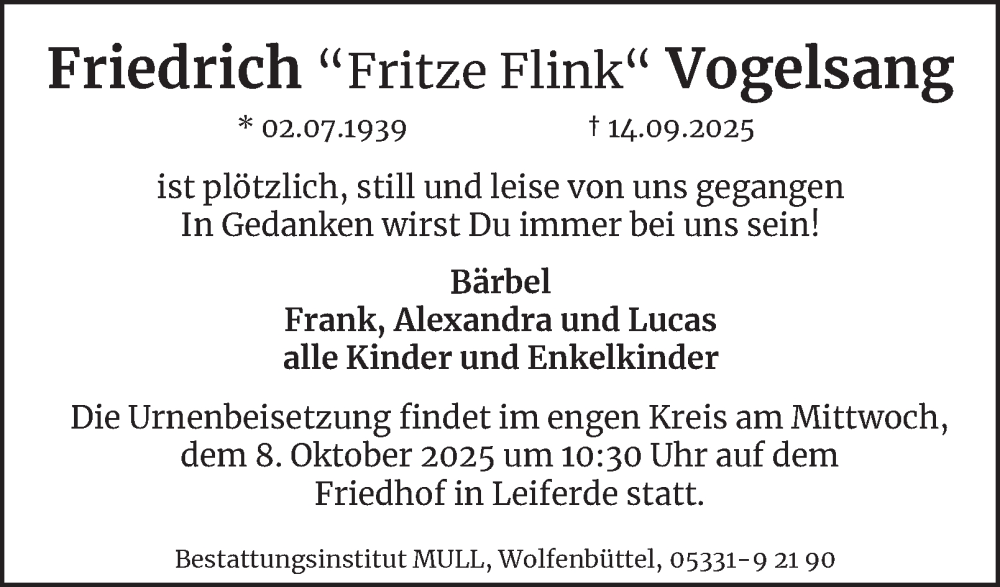 Traueranzeige für Friedrich Vogelsang vom 04.10.2025 aus Braunschweiger Zeitung
