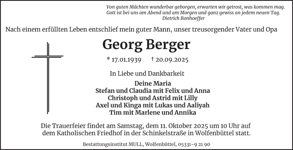  Traueranzeige für Georg Berger vom 04.10.2025 aus Wolfenbütteler Zeitung