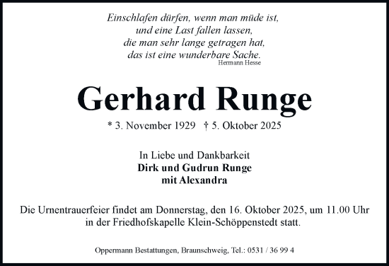 Traueranzeige von Gerhard Runge von Braunschweiger Zeitung