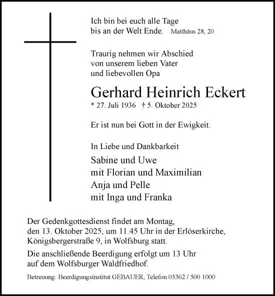 Traueranzeige von Gerhard Heinrich Eckert von Braunschweiger Zeitung, Wolfsburger Nachrichten