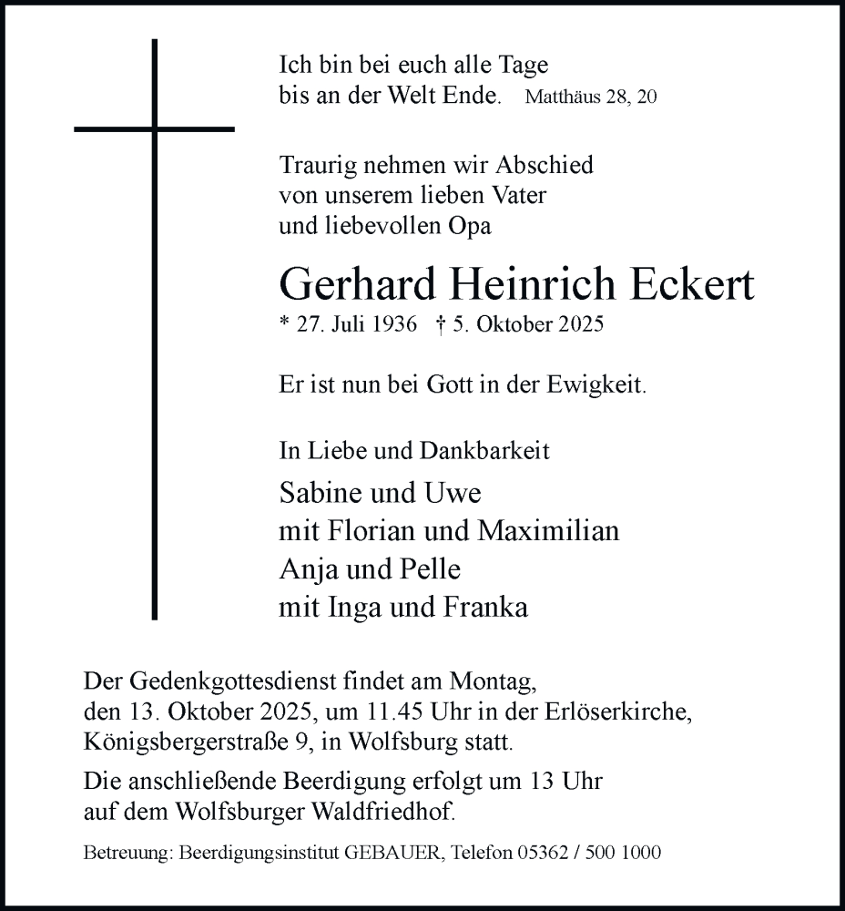  Traueranzeige für Gerhard Heinrich Eckert vom 11.10.2025 aus Braunschweiger Zeitung, Wolfsburger Nachrichten