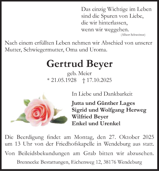 Traueranzeige von Gertrud Beyer von Peiner Nachrichten