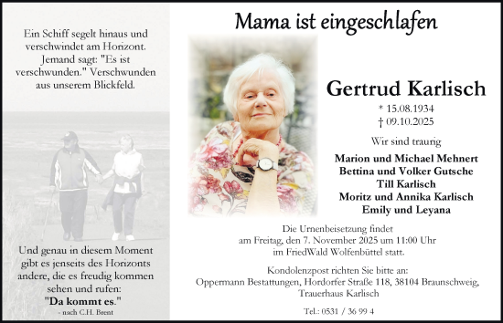 Traueranzeige von Gertrud Karlisch von Braunschweiger Zeitung