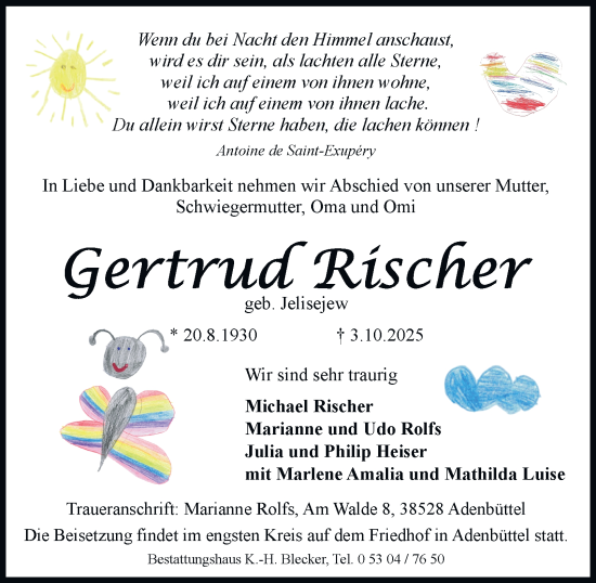 Traueranzeige von Gertrud Rischer von Braunschweiger Zeitung, Wolfsburger Nachrichten