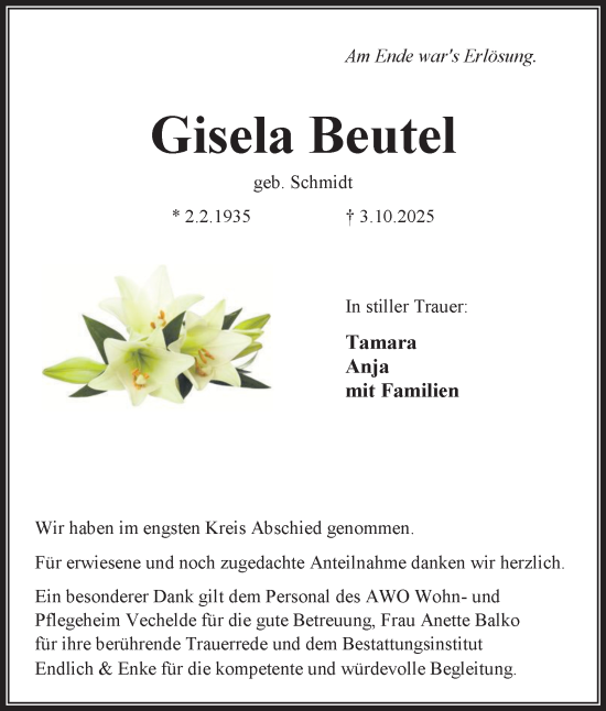 Traueranzeige von Gisela Beutel von Peiner Nachrichten