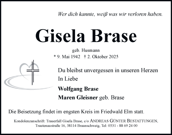 Traueranzeige von Gisela Brase von Braunschweiger Zeitung