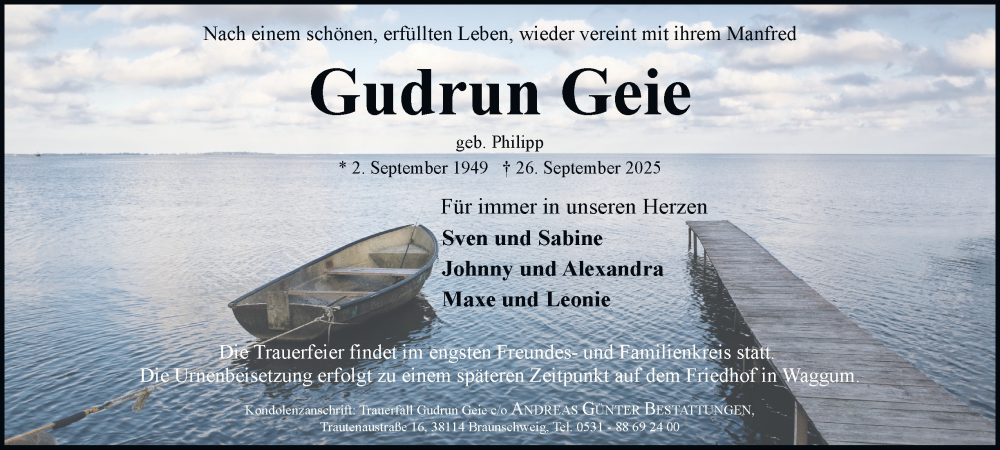  Traueranzeige für Gudrun Geie vom 04.10.2025 aus Braunschweiger Zeitung