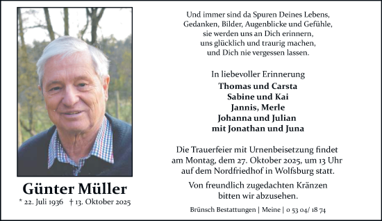 Traueranzeige von Günter Müller von Braunschweiger Zeitung, Wolfsburger Nachrichten