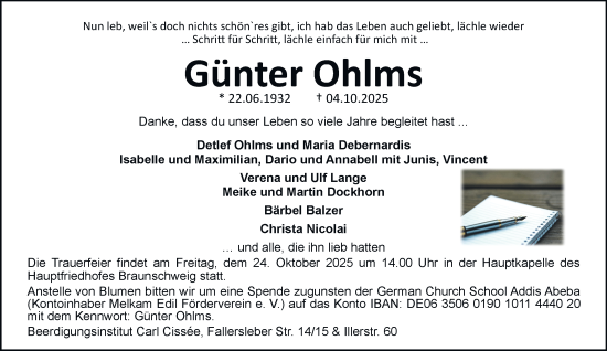 Traueranzeige von Günter Ohlms von Braunschweiger Zeitung