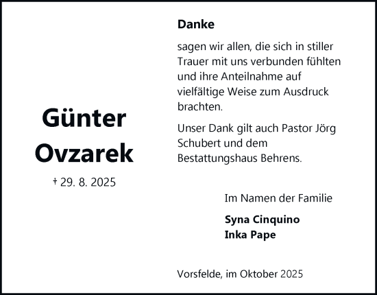 Traueranzeige von Günter Ovzarek von Braunschweiger Zeitung, Wolfsburger Nachrichten