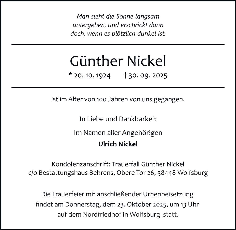  Traueranzeige für Günther Nickel vom 11.10.2025 aus Braunschweiger Zeitung, Wolfsburger Nachrichten