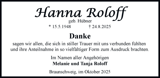 Traueranzeige von Hanna Roloff von Braunschweiger Zeitung