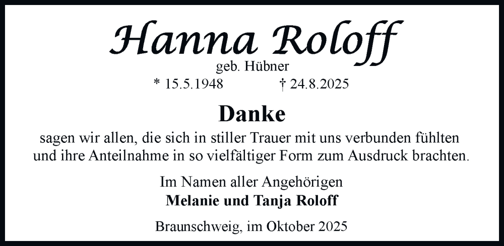  Traueranzeige für Hanna Roloff vom 11.10.2025 aus Braunschweiger Zeitung