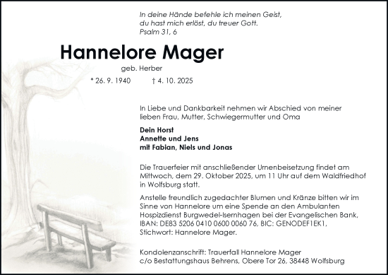 Traueranzeige von Hannelore Mager von Braunschweiger Zeitung, Wolfsburger Nachrichten